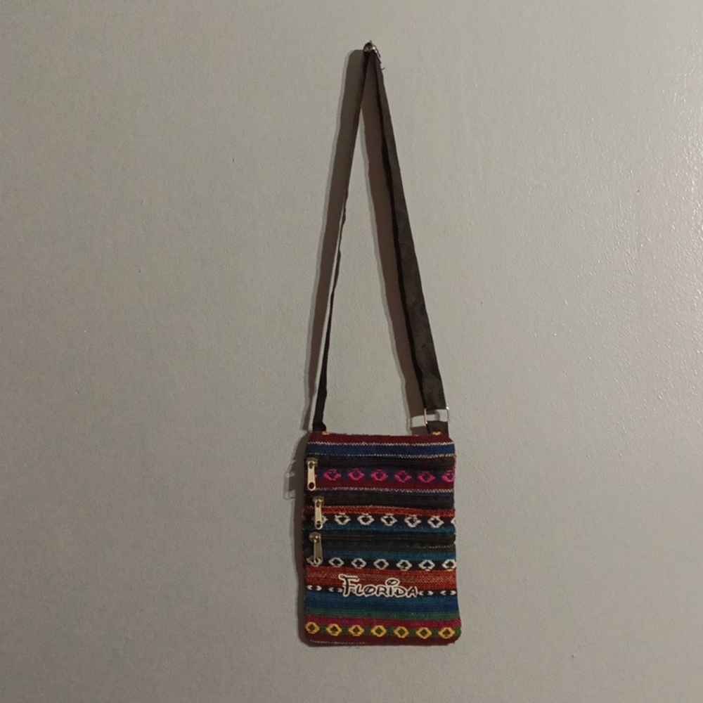 Multi color 3 zippered front section crossbody shoulder bag